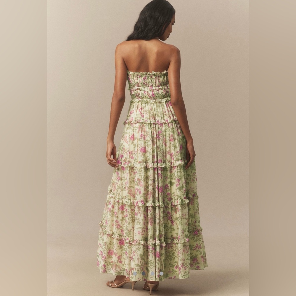 BHLDN Floral Chiffon Strapless Ruched Tiered A-Line Midi Dress - Picture 2 of 9